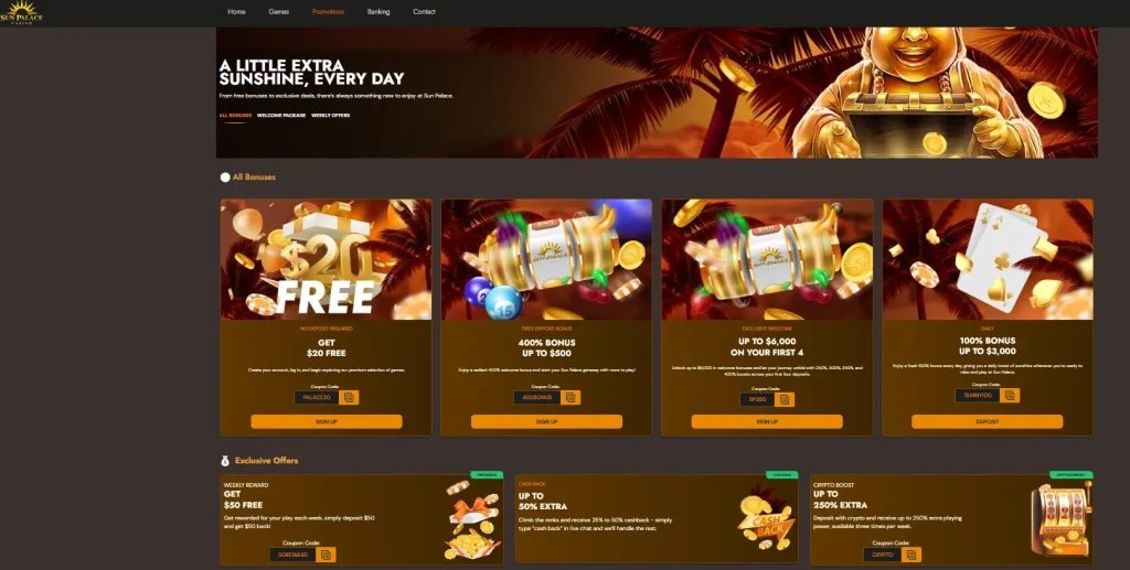 Sun Palace promotions page showing current welcome offers and coupon codes