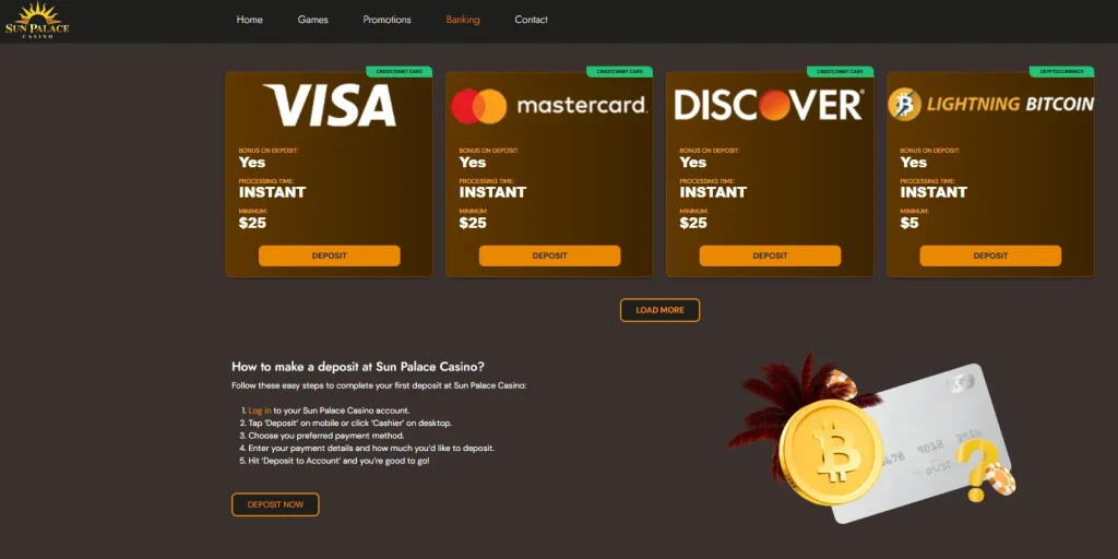 Sun Palace official deposit methods page showing cards, cryptocurrencies and listed minimum deposits