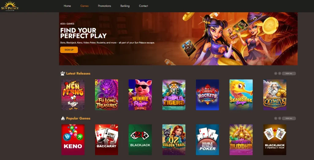 Sun Palace games lobby with category navigation and representative casino titles