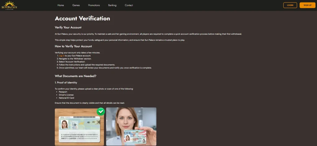 Sun Palace account verification page showing identity, address and payment-method document categories