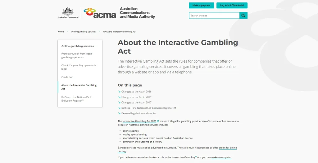 ACMA Interactive Gambling Act page documenting Australia