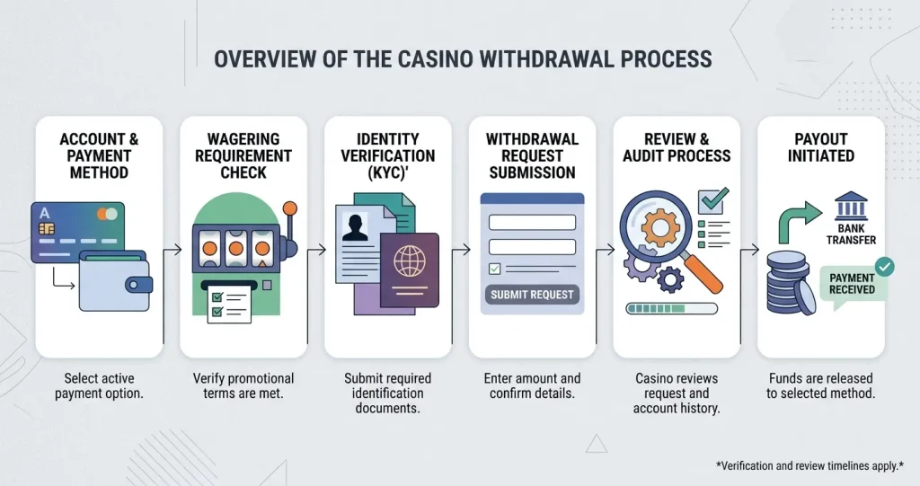 Conceptual Sun Palace withdrawal process from deposit wagering through KYC, audit and payout