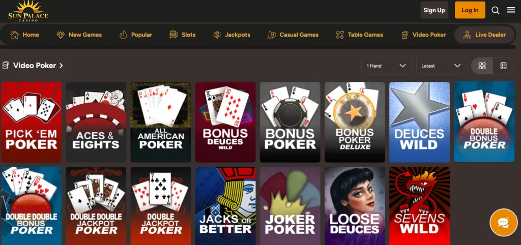 Sun Palace live casino category with live dealer tables visible in the official games interface