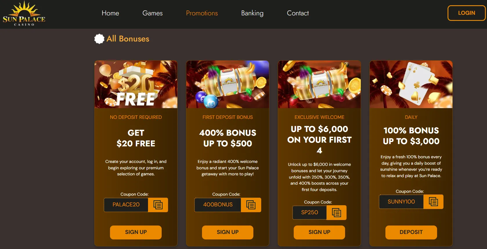 Current Sun Palace promotions page showing welcome offer headlines and coupon codes