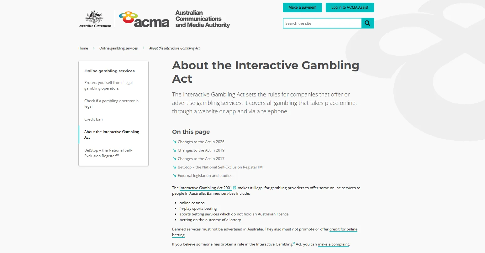 ACMA Interactive Gambling Act page showing online casinos among banned online services
